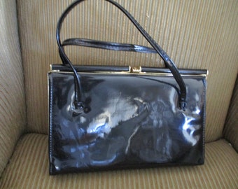 Vintage Black Patent Leather Purse/Handbag w/Gold Clasp