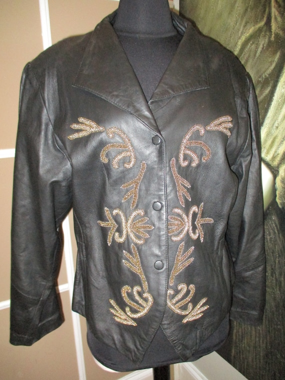 Genuine Leather Gold Beaded Jacket-Women size XL - image 2