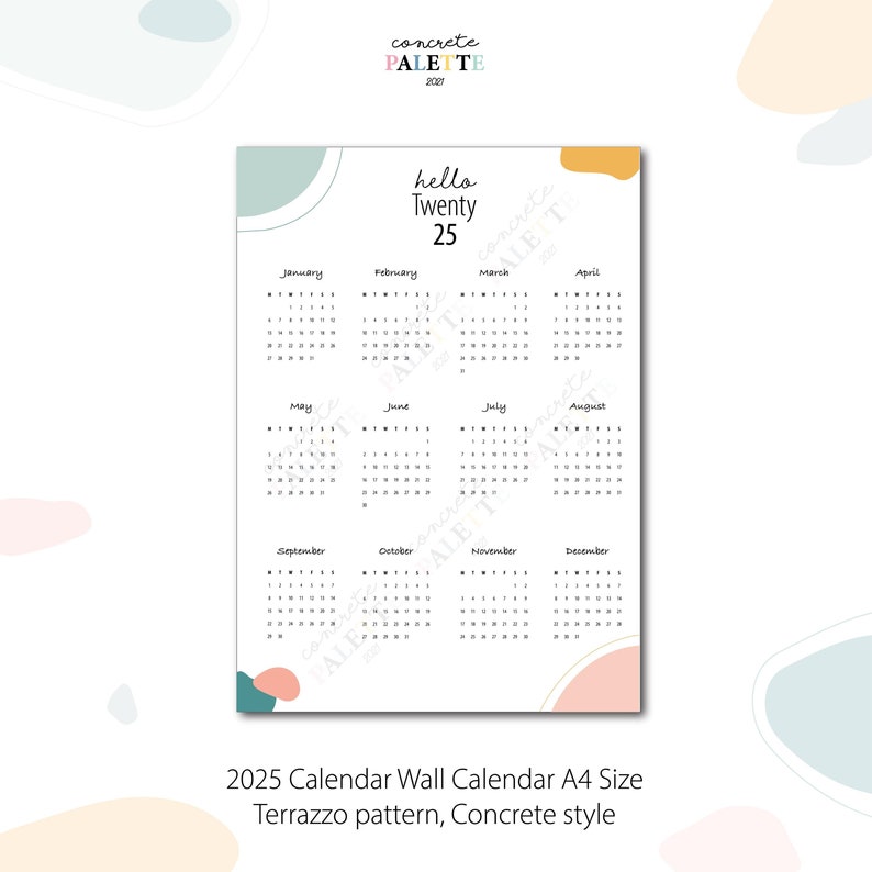 2025 Year Calendar Start Mon & Sun A4 Size Terrazzo Pattern, Concrete