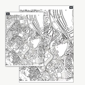 The York colour-in map shown at A4 and A3 — the same real map, printable at either size