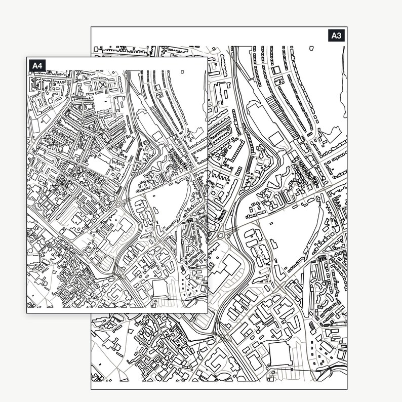 The York colour-in map shown at A4 and A3 — the same real map, printable at either size