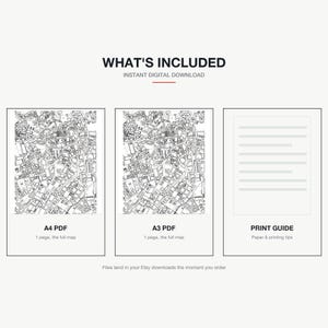 What's included — an A4 PDF and an A3 PDF of the Sheffield map, plus a print guide, instant download