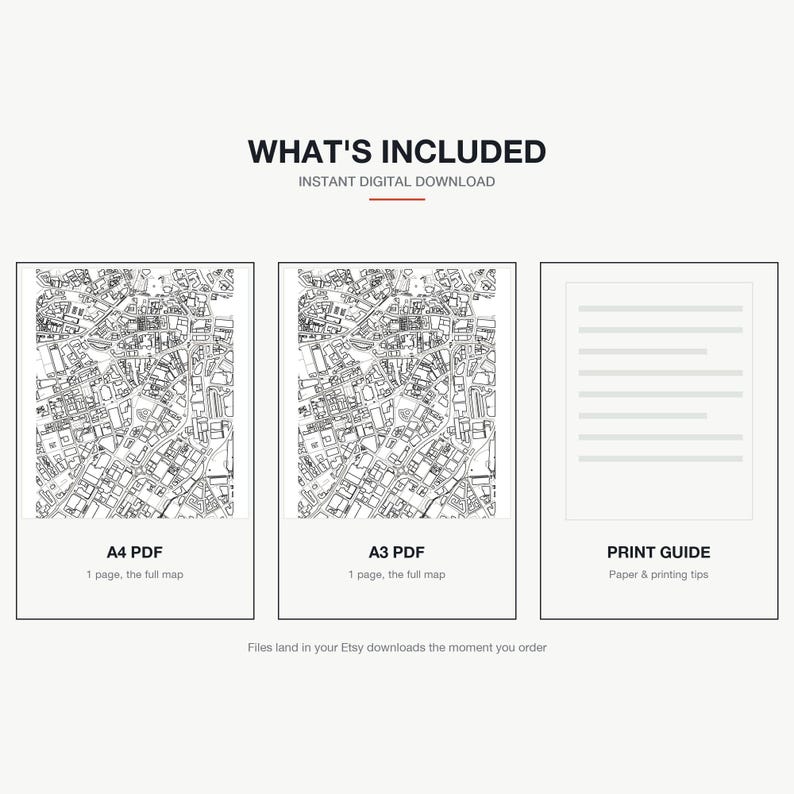 What's included — an A4 PDF and an A3 PDF of the Sheffield map, plus a print guide, instant download