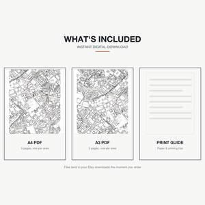 What's included — an A4 PDF and an A3 PDF, 3 areas of Birmingham each, plus a print guide, instant download
