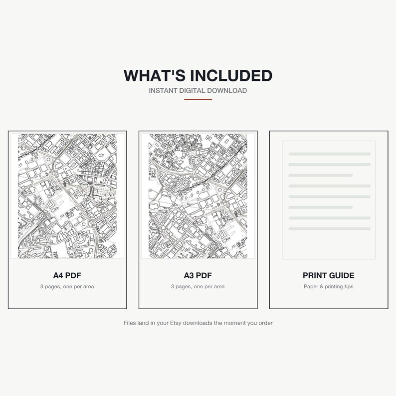 What's included — an A4 PDF and an A3 PDF, 3 areas of Birmingham each, plus a print guide, instant download