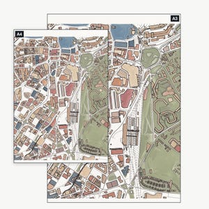 The Sheffield colour-in map pack shown at A4 and A3 — the same 4 real areas, printable at either size