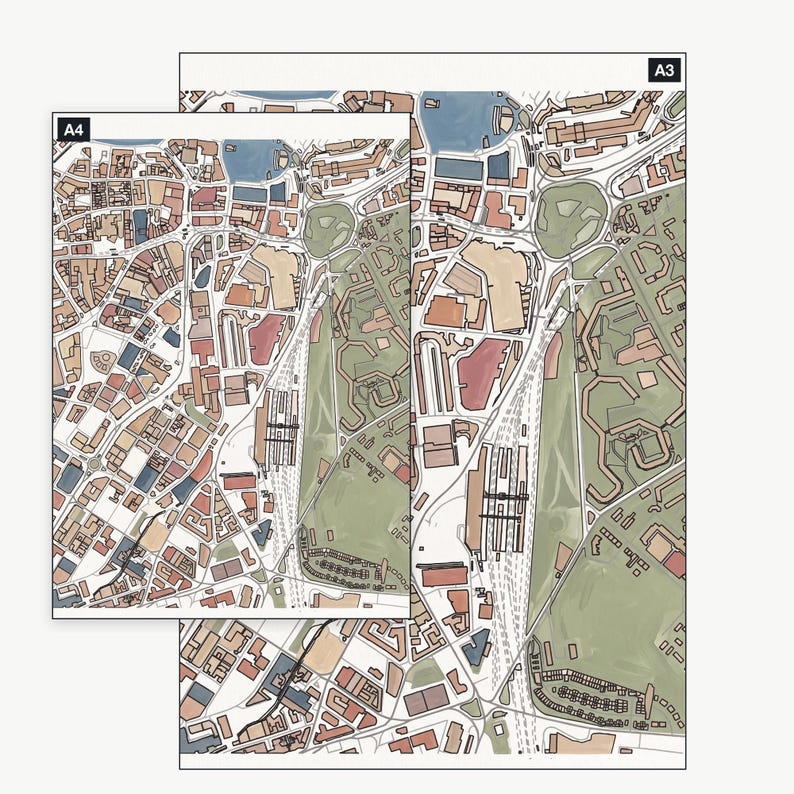 The Sheffield colour-in map pack shown at A4 and A3 — the same 4 real areas, printable at either size
