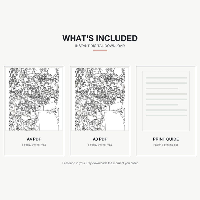 What's included — an A4 PDF and an A3 PDF of the Oxford_radcliffesquare map, plus a print guide, instant download