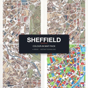 Sheffield Colour-In Map Pack — 4 real Sheffield areas, City Centre, Kelham Island, Ecclesall Road, Crookes, shown together