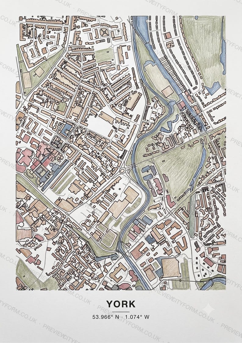 York colour-in map coloured by hand, Coloured pencil example — the map prints blank for you to colour