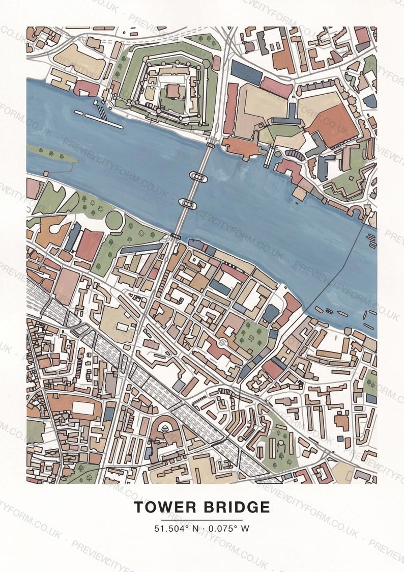 A finished, coloured-in Canary Wharf map — the real streets, docks and tower outlines of London's Docklands, filled by hand
