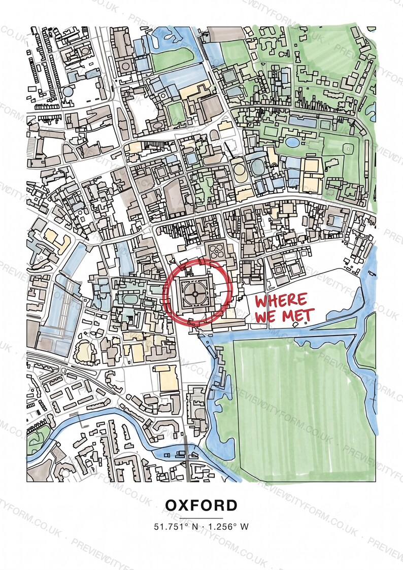 Oxford_radcliffesquare colour-in map coloured by hand, Marker example — the map prints blank for you to colour
