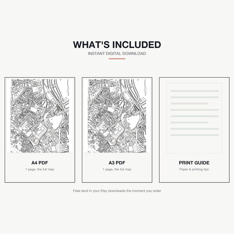 What's included — an A4 PDF and an A3 PDF of the York map, plus a print guide, instant download