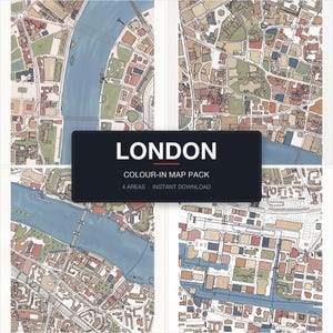 A finished, coloured-in London colour-in map pack on white — four real London areas shown together, filled by hand