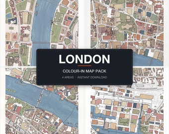 London Colour-In Map Pack, 4 Real London Areas, Westminster Tower Bridge St Paul's Canary Wharf, Instant Digital Download A4 A3