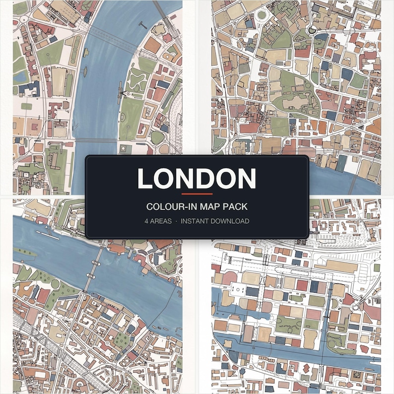 A finished, coloured-in London colour-in map pack on white — four real London areas shown together, filled by hand