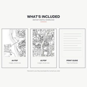 What's included — an A4 PDF and an A3 PDF, 3 areas of Bristol each, plus a print guide, instant download