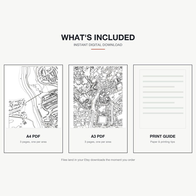 What's included — an A4 PDF and an A3 PDF, 3 areas of Bristol each, plus a print guide, instant download