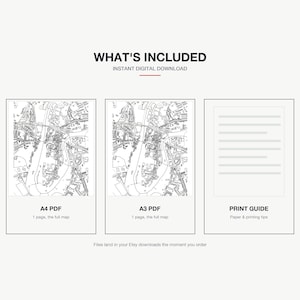 What's included — an A4 PDF and an A3 PDF of the Durham map, plus a print guide, instant download
