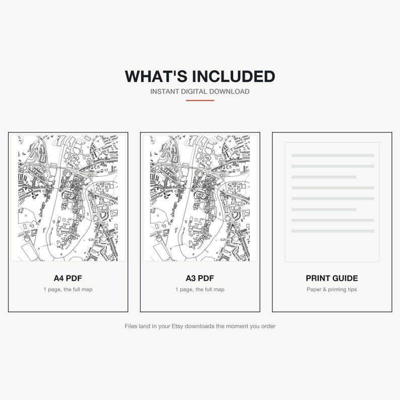 What's included — an A4 PDF and an A3 PDF of the Durham map, plus a print guide, instant download