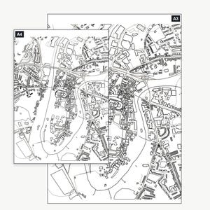 The Durham colour-in map shown at A4 and A3 — the same real map, printable at either size