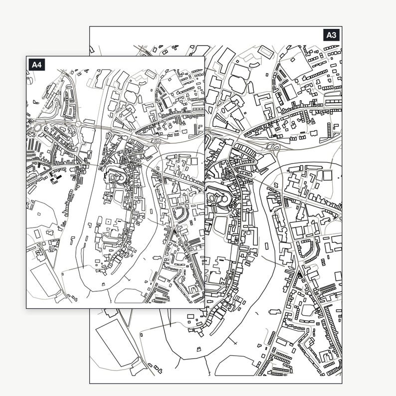 The Durham colour-in map shown at A4 and A3 — the same real map, printable at either size