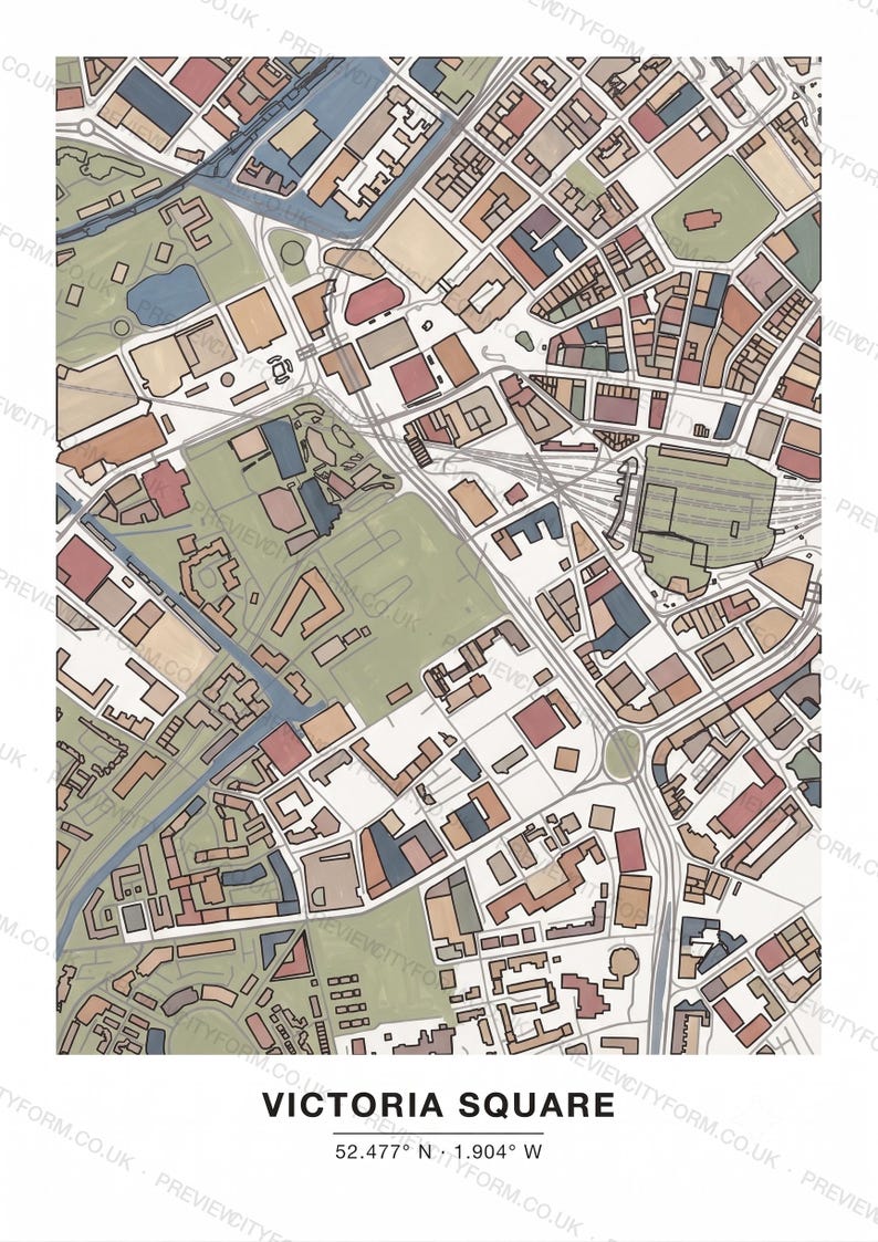 Victoria Square colour-in map — the real streets and building outlines of Victoria Square, Birmingham, ready to colour