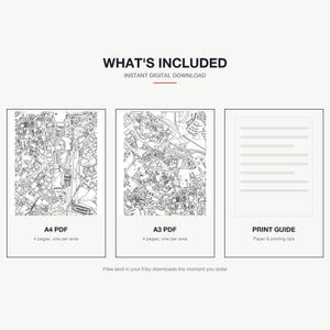 What's included — an A4 PDF and an A3 PDF, 4 areas of Sheffield each, plus a print guide, instant download