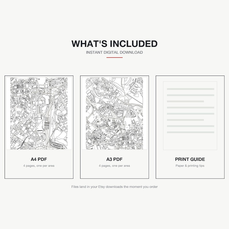 What's included — an A4 PDF and an A3 PDF, 4 areas of Sheffield each, plus a print guide, instant download