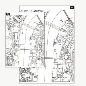 The London colour-in map shown at A4 and A3 — the same real map, printable at either size