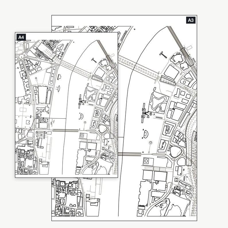 The London colour-in map shown at A4 and A3 — the same real map, printable at either size