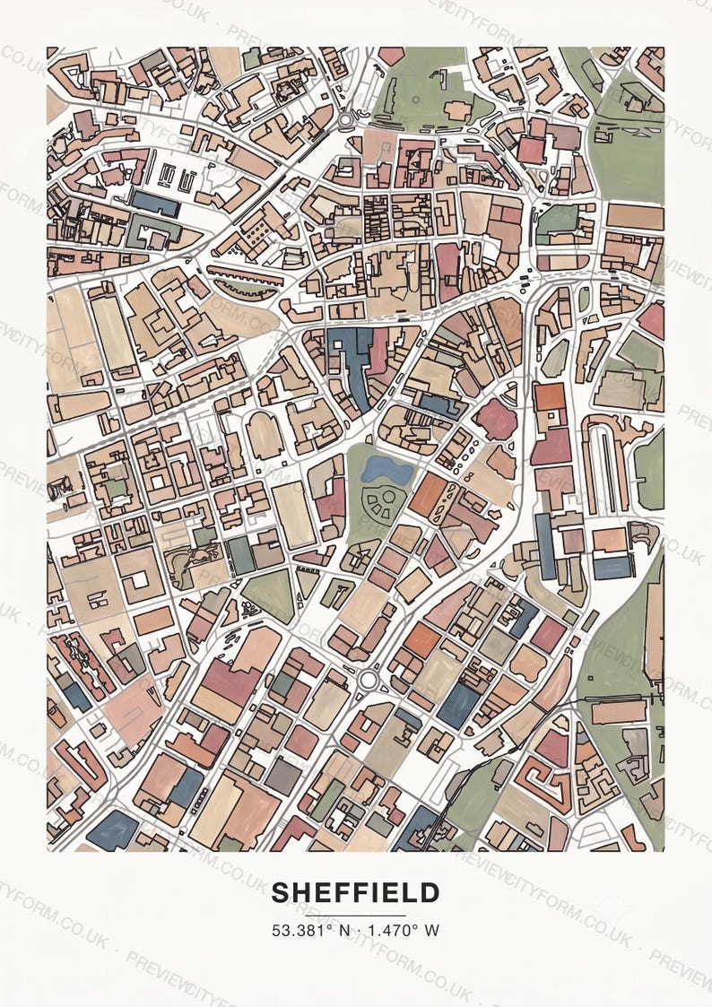 Sheffield colour-in map coloured by hand, Gouache example — the map prints blank for you to colour