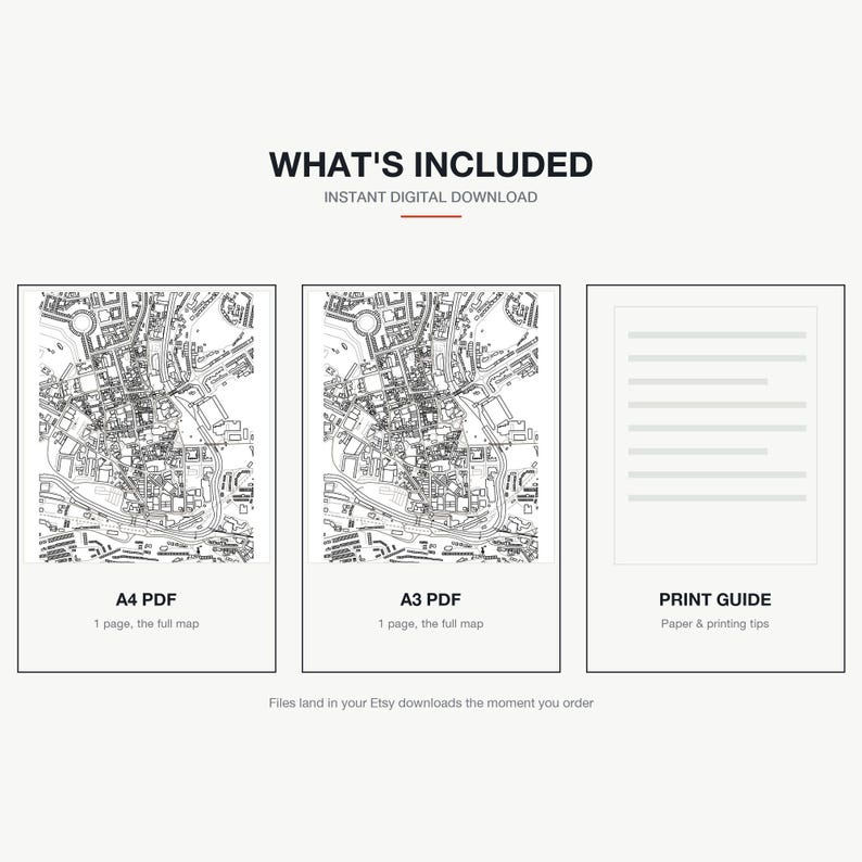 What's included — an A4 PDF and an A3 PDF of the Bath map, plus a print guide, instant download