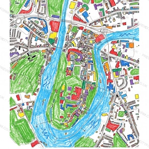 Durham colour-in map coloured by hand, Kid crayon example — the map prints blank for you to colour