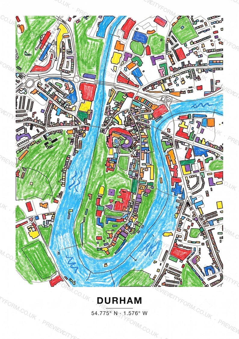 Durham colour-in map coloured by hand, Kid crayon example — the map prints blank for you to colour