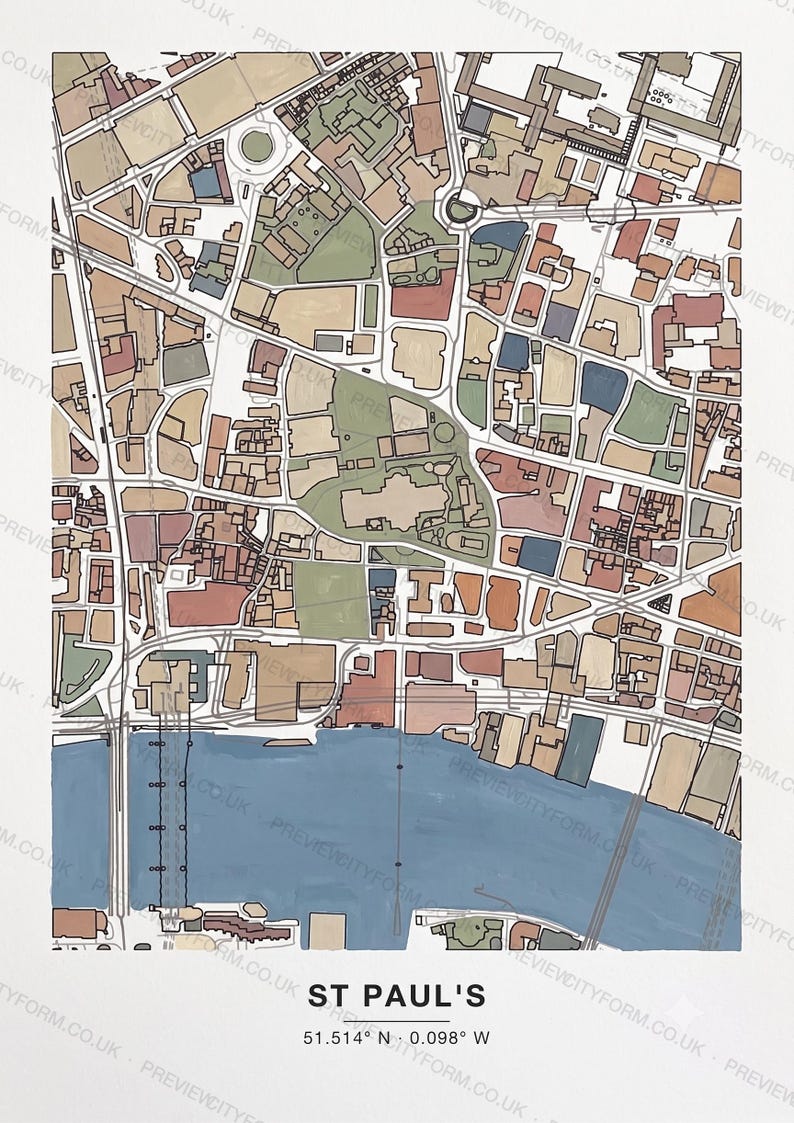 A finished, coloured-in Tower Bridge map — the real streets and building outlines around the Tower of London and Tower Bridge, filled by hand