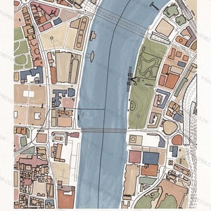A finished, coloured-in St Paul's map — the real streets and building outlines around St Paul's Cathedral and the City of London, filled by hand