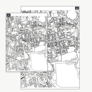 The Oxford_radcliffesquare colour-in map shown at A4 and A3 — the same real map, printable at either size