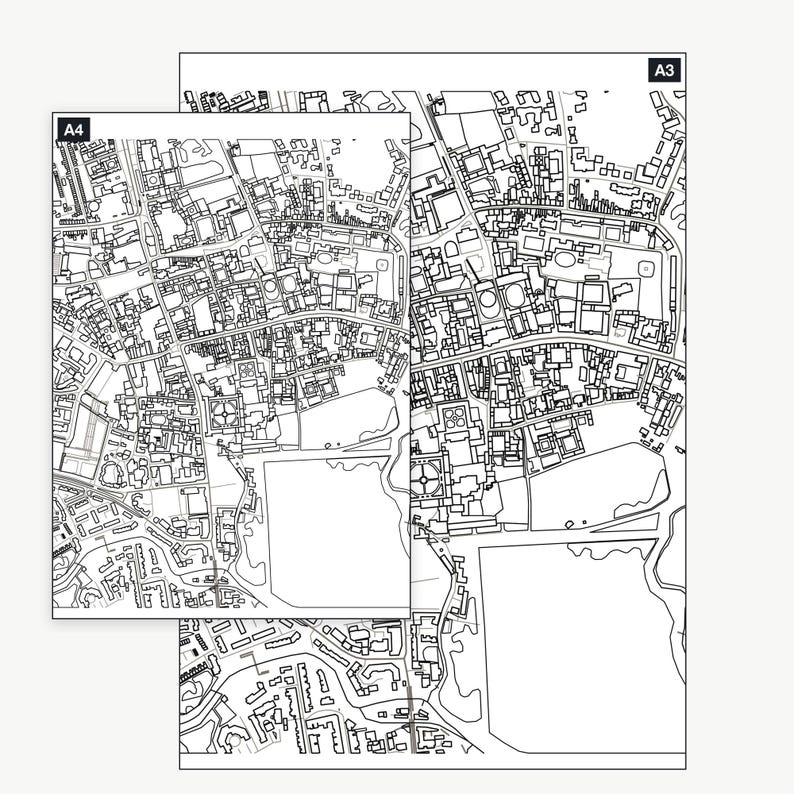 The Oxford_radcliffesquare colour-in map shown at A4 and A3 — the same real map, printable at either size