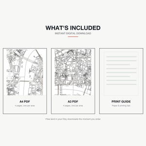 What's included — an A4 PDF and an A3 PDF, four areas of London each, plus a print guide, instant download