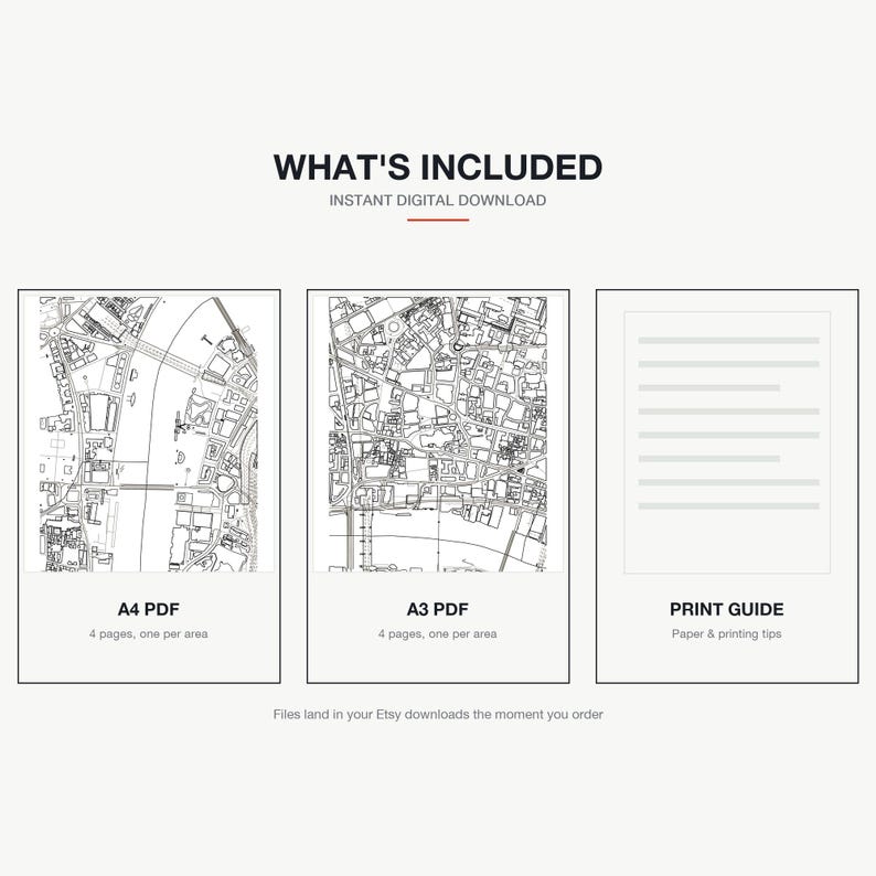 What's included — an A4 PDF and an A3 PDF, four areas of London each, plus a print guide, instant download