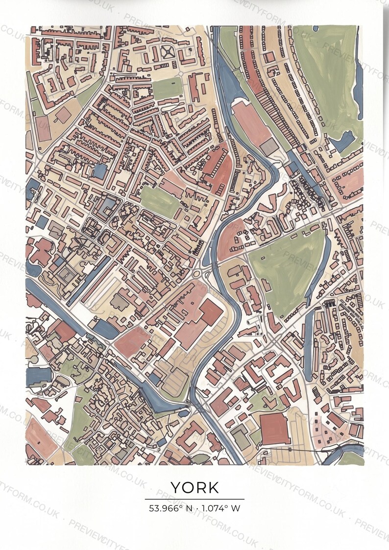 York colour-in map coloured by hand, Gouache example — the map prints blank for you to colour