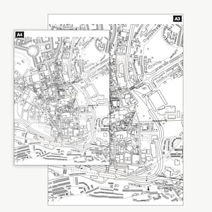 The Bath colour-in map shown at A4 and A3 — the same real map, printable at either size