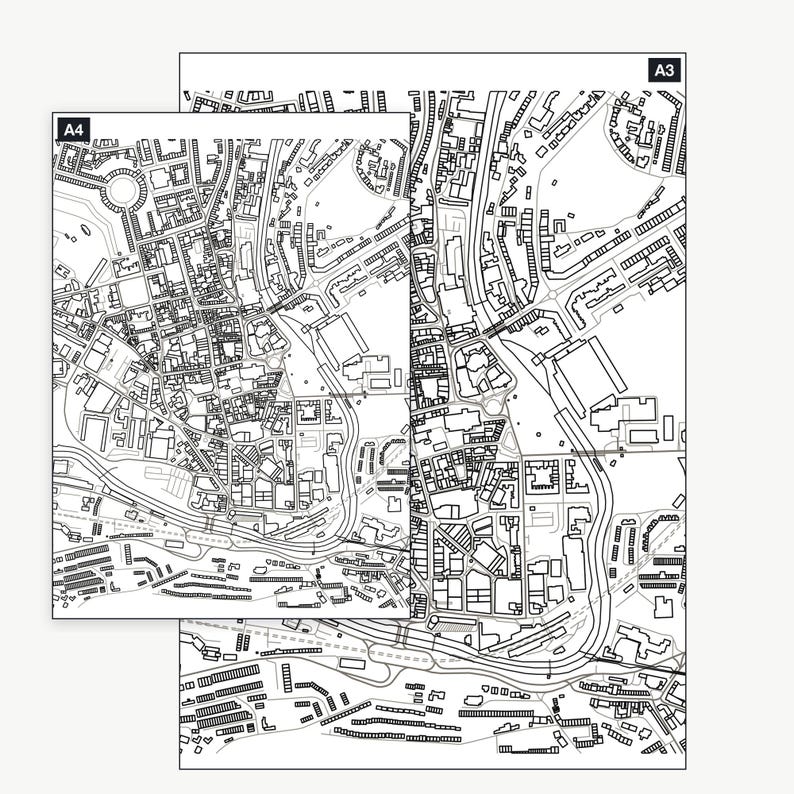 The Bath colour-in map shown at A4 and A3 — the same real map, printable at either size