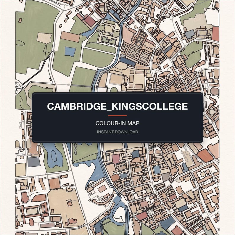 Cambridge_kingscollege colour-in map — printable city map, instant download