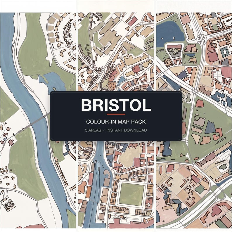 Bristol Colour-In Map Pack — 3 real Bristol areas, Clifton Village, Harbourside, Redcliffe, shown together