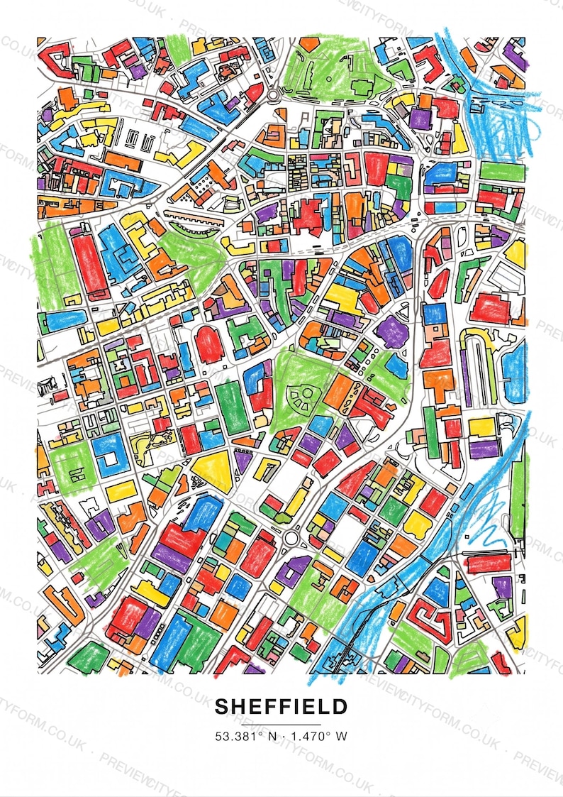 Crookes colour-in map — the real streets and building outlines of Crookes, Sheffield, ready to colour