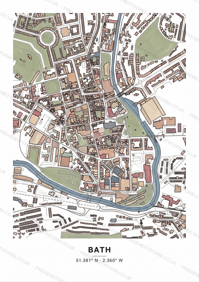 Bath colour-in map coloured by hand, Gouache example — the map prints blank for you to colour