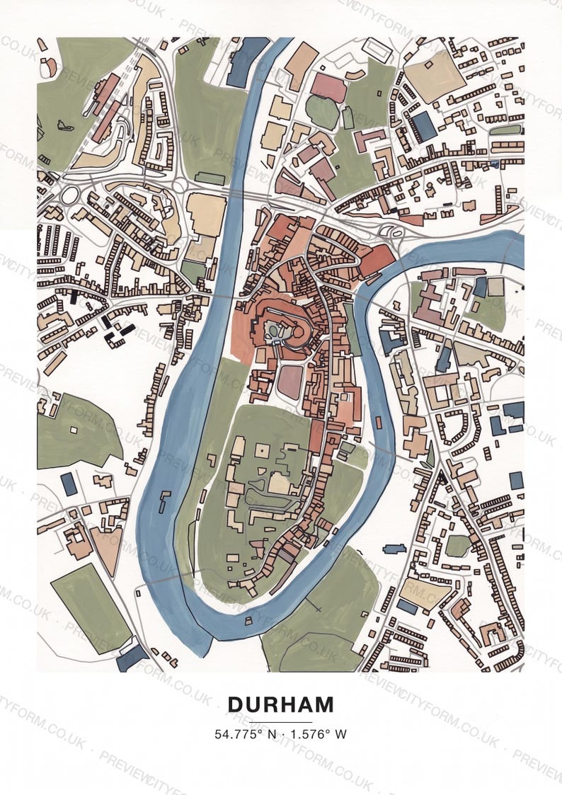 Durham colour-in map coloured by hand, Gouache example — the map prints blank for you to colour