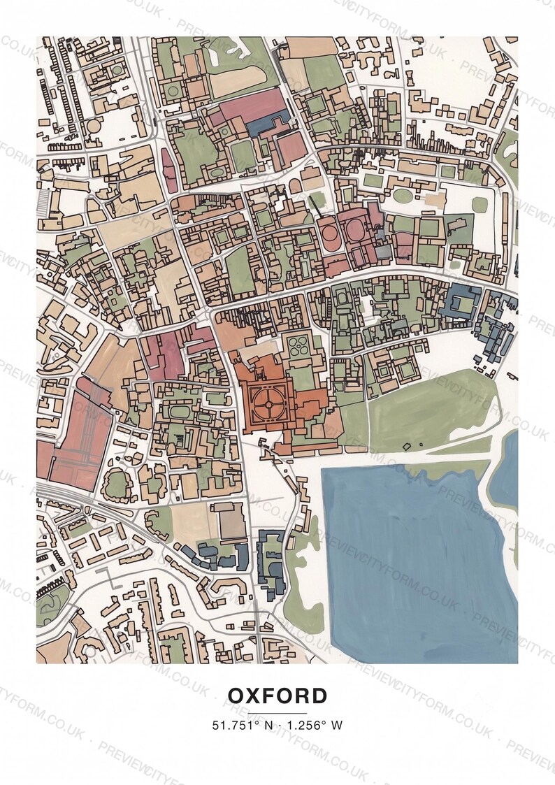 Oxford_radcliffesquare colour-in map coloured by hand, Gouache example — the map prints blank for you to colour